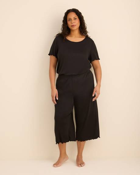 Black Heart Pointelle Cropped Pyjama Pant with Lettuce Edge - ti Voglio