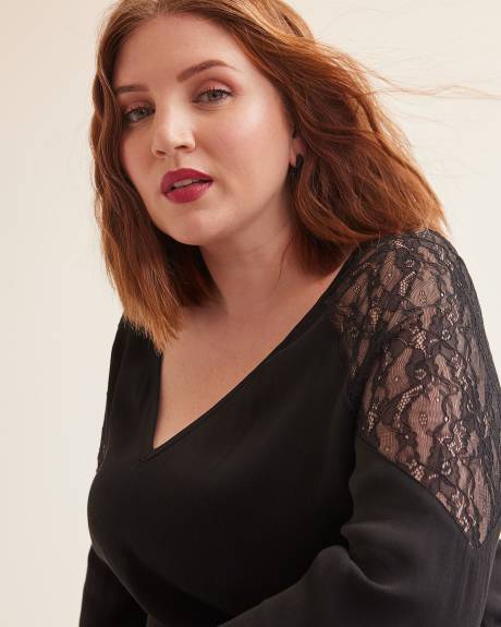Black V-Neck Blouse with Lace Shoulder Inserts