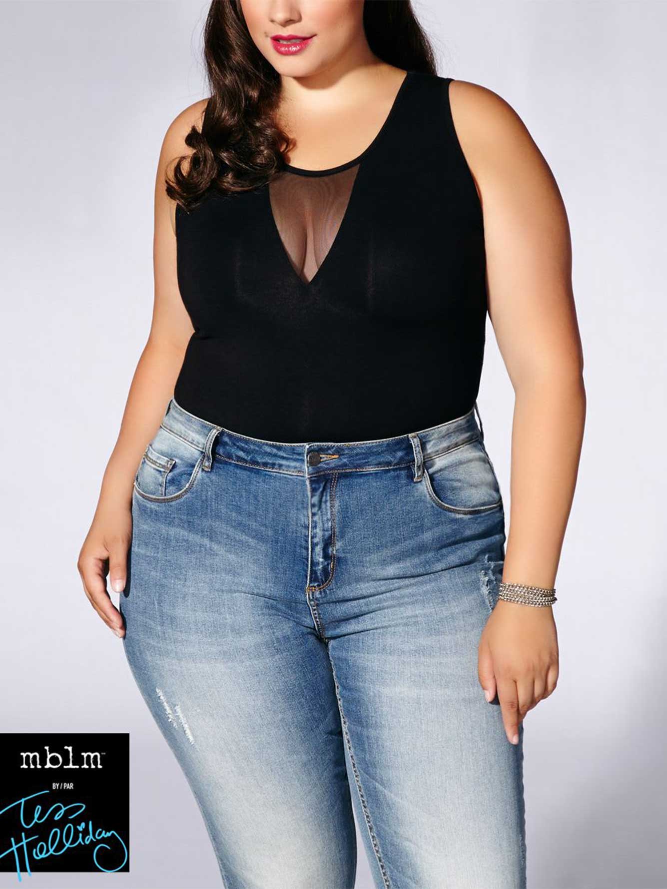 tess holliday sleeveless bodysuit with mesh penningtons plus size body suit