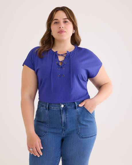 A-line Knit Top with Lace-Up V-Neck