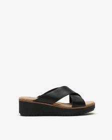 Wide Width, Black Leather Wrenly Ivy Crisscross Wedge Sandal - Clarks