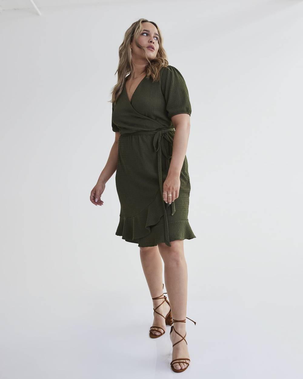 Solid Faux-Wrap Dress with Ruffled Hem - Addition Elle