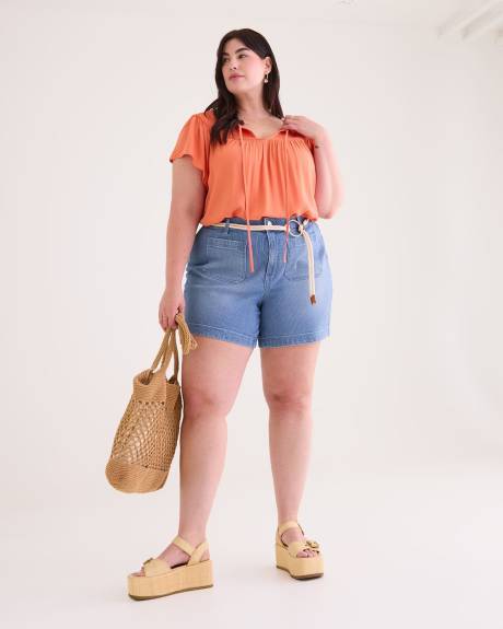 Short Sleeve Blouse with Smocked Neckline