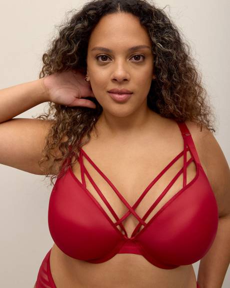 Red Microfibre Plunge Bra with Strapping Neckline - Déesse Collection