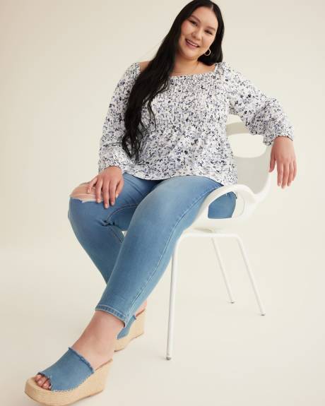 Floral-Print Smocked Square Neck Top