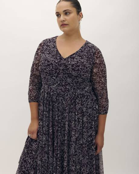 Mesh Printed Midi Dress with Asymetrical Hem - Addition Elle