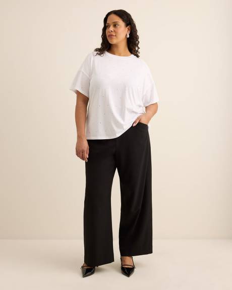 Crewneck Knit Top with Leaf Rhinestone Embellishment