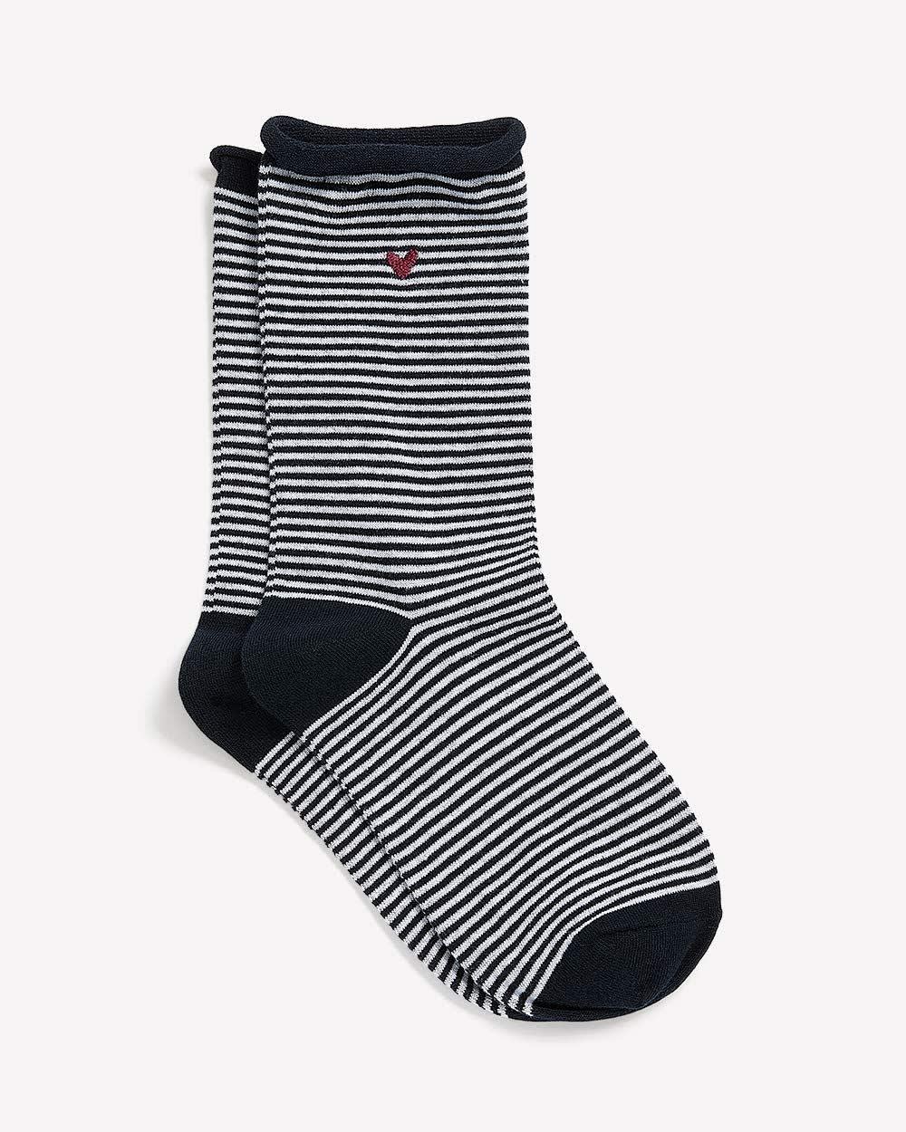 Black and White Striped Crew Sock with Rolled Edges and Small Heart