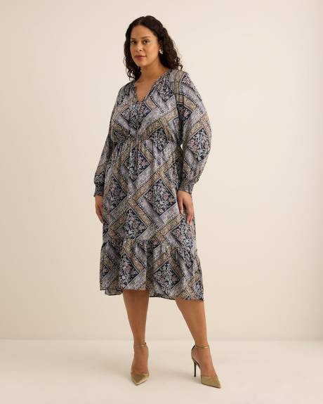 Patchwork-Print Flared Midi Dress with Smocked Cuffs