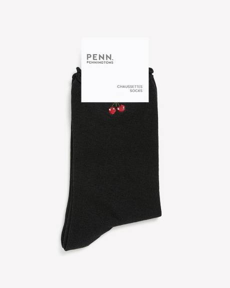 Black Lettuce-Edge Crew Socks with Embroidered Cherries