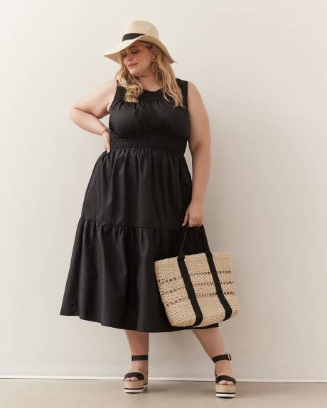 Robe longue sans manches à smocks en popeline