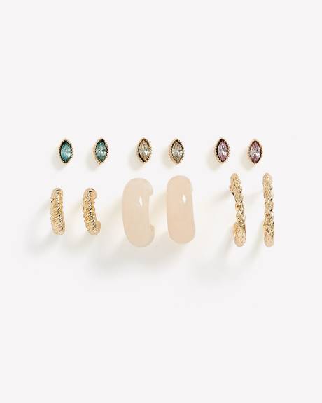 Golden Stud and Hoop Earrings, Set of 6 - Addition Elle