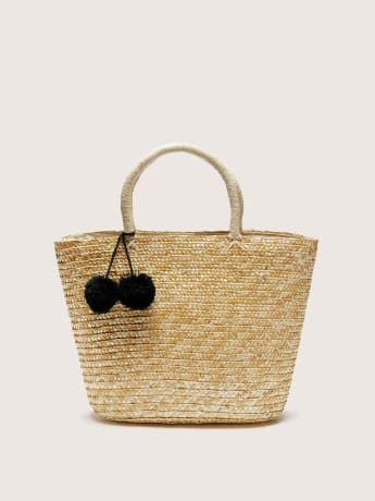 Straw Tote Bag with Pompoms