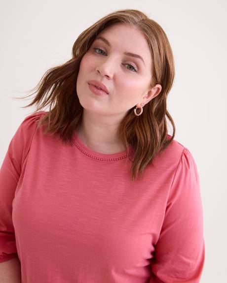 Crew-Neck Knit Top with Puffy-Sleeves