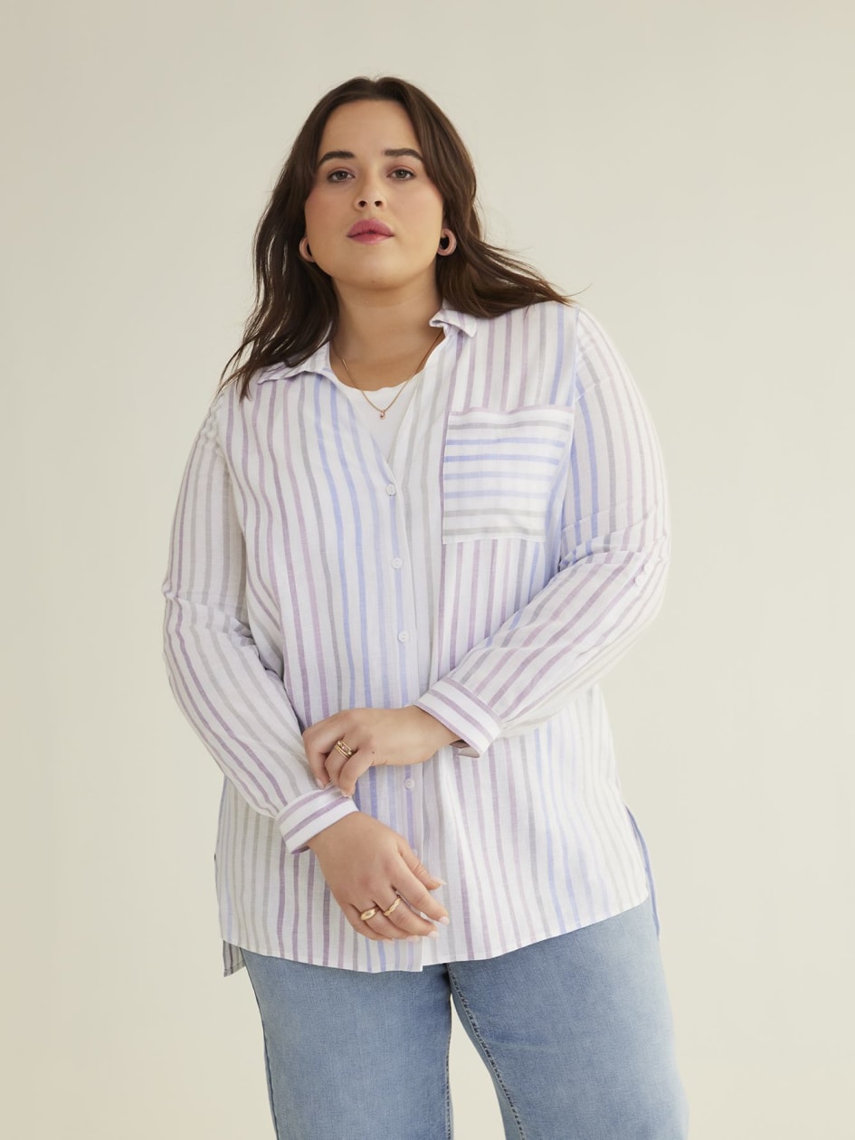 Striped Tunic Shirt with Roll-Up Sleeves, Linen Blend