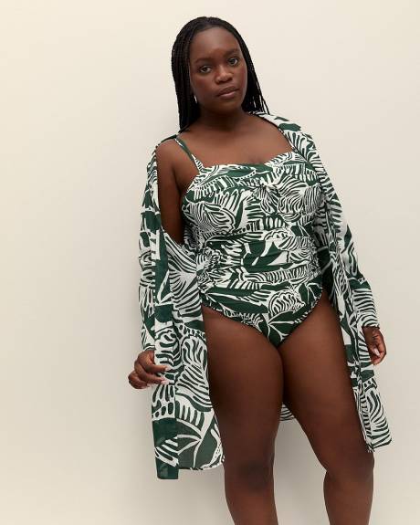 Chemisier long cache-maillot en coton à motif de feuillage
