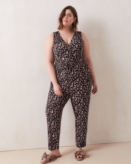 Printed Knit Sleeveless Faux Wrap Jumpsuit - In Every Story
