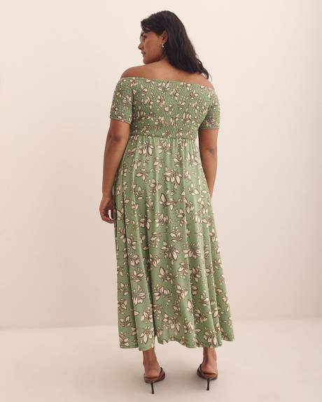 Robe longue fleurie verte à smocks et épaules dénudées - Addition Elle