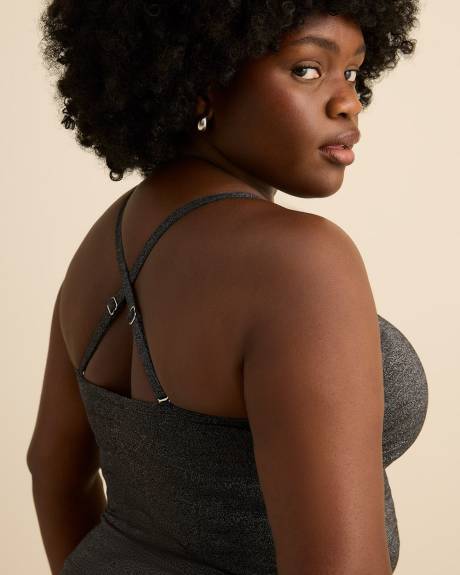 Tankini court noir scintillant style bandeau avec c&ocirc;t&eacute; fronc&eacute;