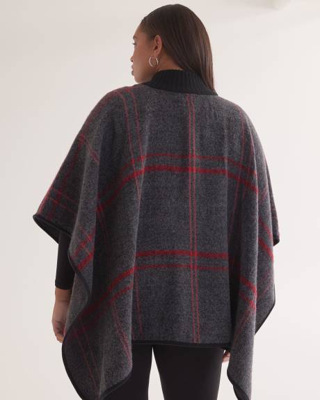 Zip-Front Plaid Cape with Ribbed Collar