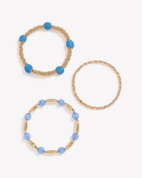 Elastic Bracelets with Blue Beads, Set of 3