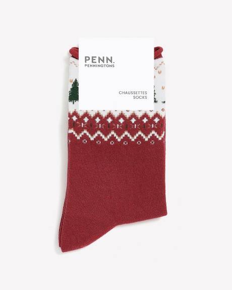 Red Rolled-Edge Crew Socks with Tree Fair Isle Print