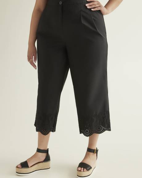 Black Wide-Leg Crop Pant with Embroidered Hem