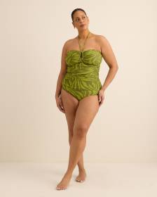 Culotte de maillot de bain verte taille haute à motif de feuillage