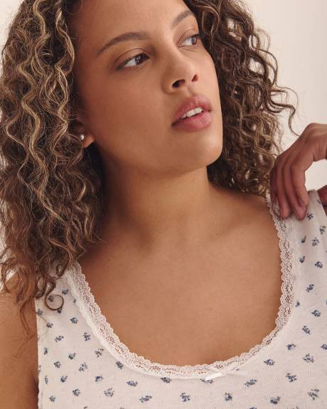 White Printed Knit Cami Nightgown with Lace Neckline - ti Voglio
