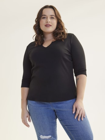 Solid Girlfriend-Fit 3/4-Sleeve Ribbed Tee