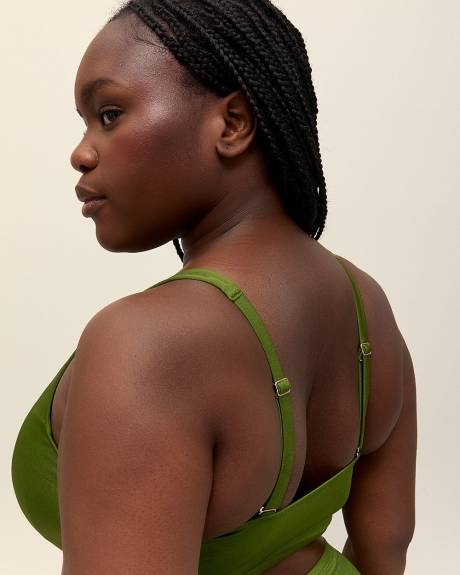Green Satin Plunge Bikini Top with Ring