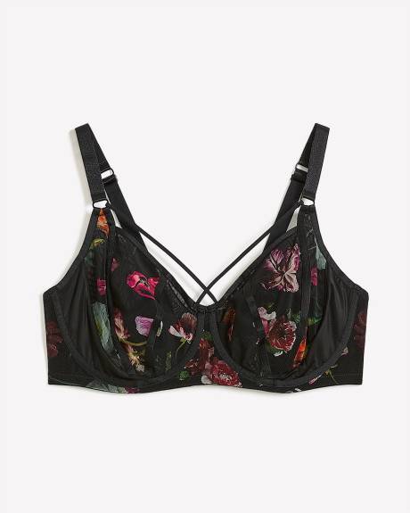 Soutien-gorge balconnet noir fleuri avec lanières - Déesse Collection