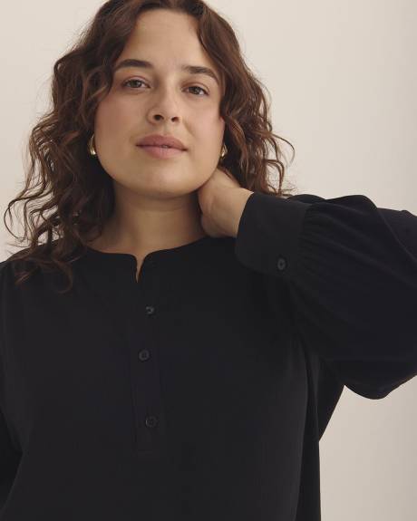 Long-Sleeve Tunic Blouse with Buttoned Crewneck