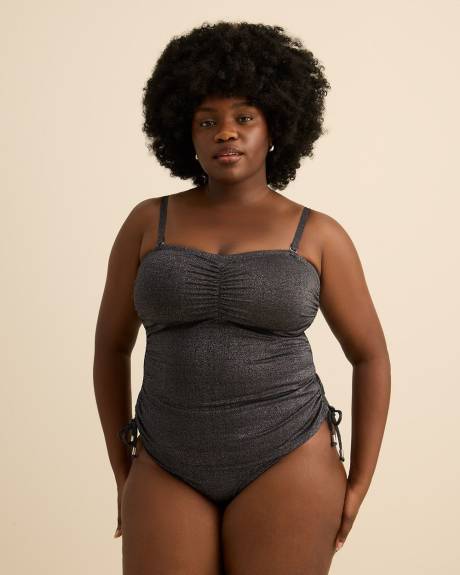 Tankini court noir scintillant style bandeau avec c&ocirc;t&eacute; fronc&eacute;