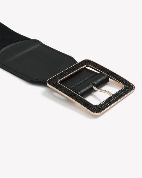 Black Elastic Belt with Rhinestone Square Buckle