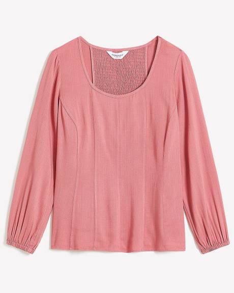 Smocked Back Blouse with Long Balloon Sleeves - Addition Elle