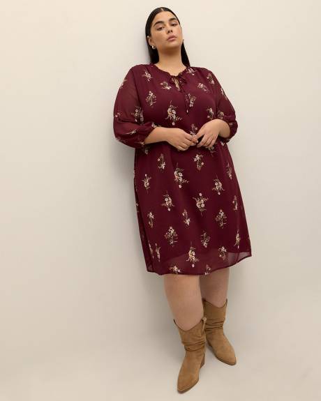 Floral A-Line Dress with 3/4 Sleeves