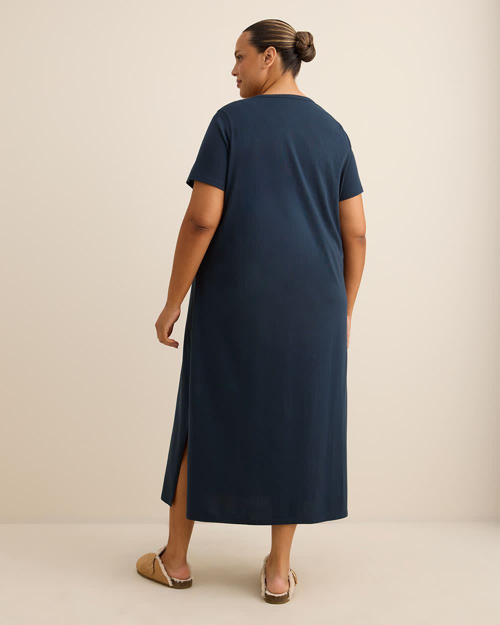 Long Blue Short-Sleeve Sleepshirt with Teddy Bear Placement Print - ti Voglio Long Blue Short-Sleeve Sleepshirt with Teddy Bear Placement Print - ti Voglio