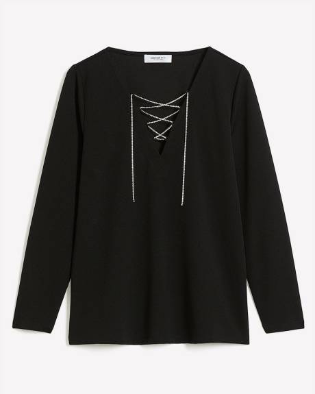 Black Laced V-Neck Knit Top with Rhinestone Cord - Addition Elle