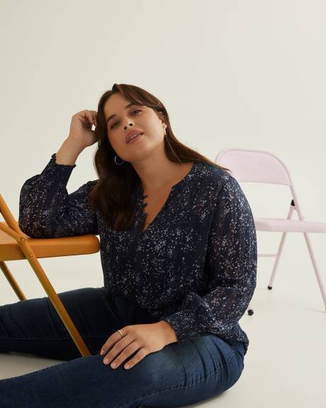 Floral Blouse with Split Neckline and Smocked Cuffs