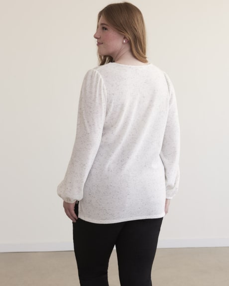 Solid V-Neck Knit Top with Long Puffed Sleeves