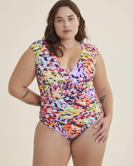 Printed Cap-Sleeve One-Piece Swimsuit - Bleu Rod Beattie