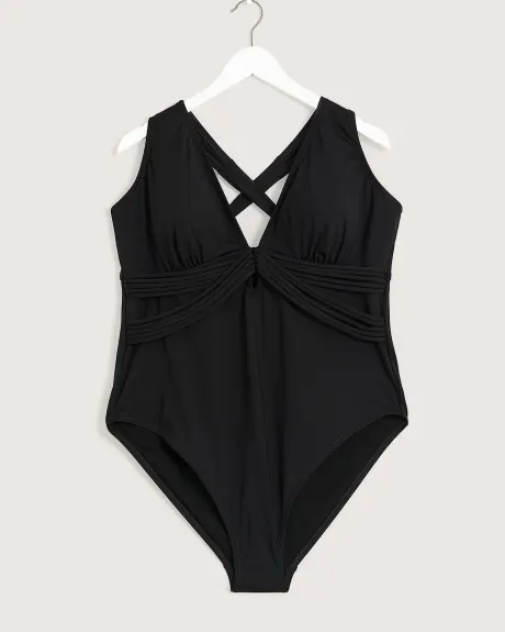Solid V-Neck One-Piece Swimsuit