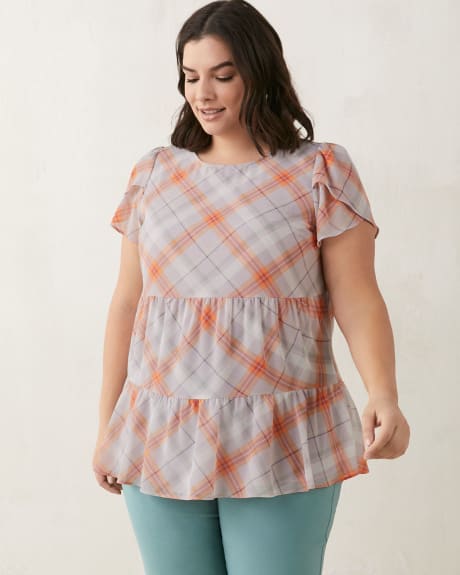 Blouse imprimée à manches courtes tulipe, silhouette tunique