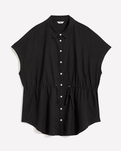 Blouse en mélange de lin à manches courtes et taille cintrée