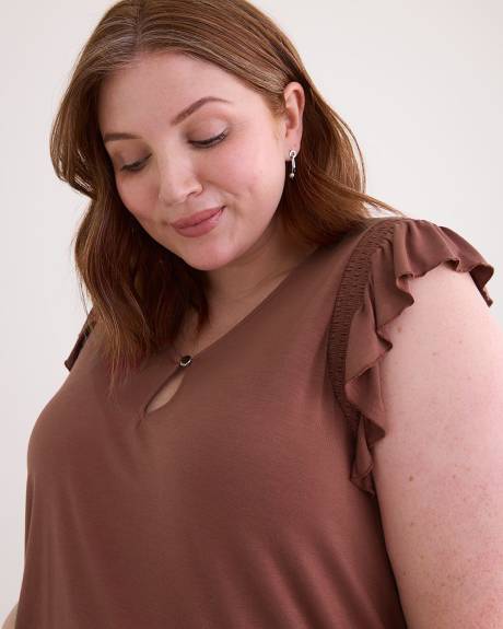 V-Neck Knit Top with Short Flutter Sleeves