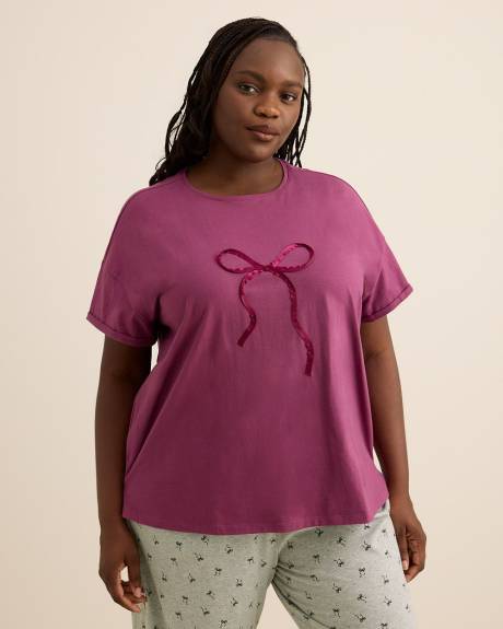 Boxy-Fit Short-Sleeve Crewneck Pyjama Tee with Satin Bow Appliqué - ti Voglio
