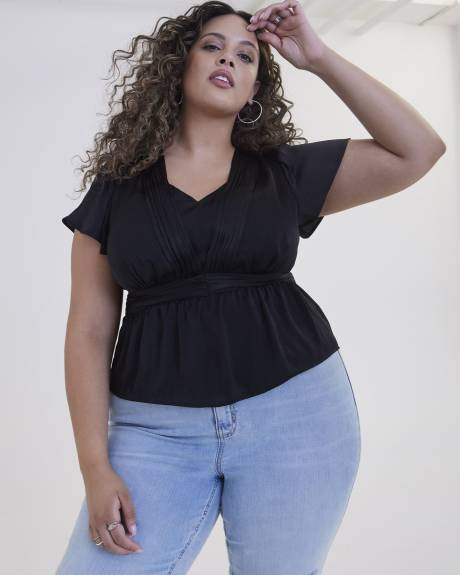 V-Neck Blouse with Fluttered Sleeves - Addition Elle