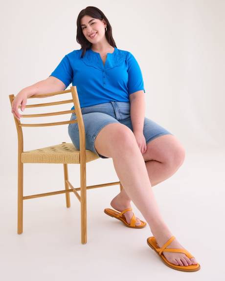 Knit Top with Embroidered Split Neckline