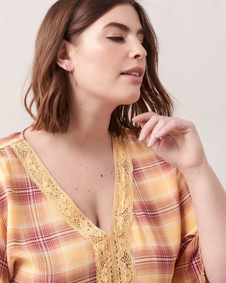 Plaid Blouse With Lace and Flutter Sleeves - In Every Story